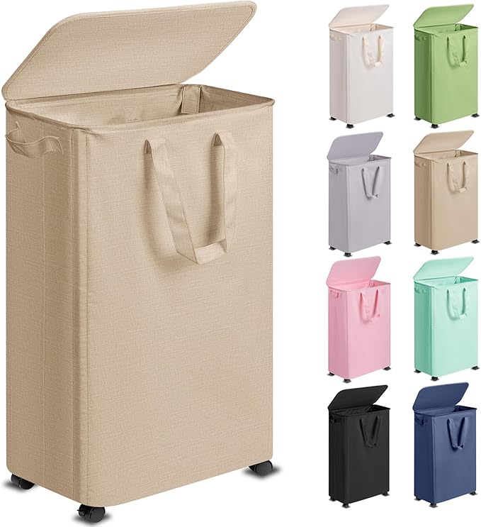 Slim Laundry Hamper with Lid and Wheels, Small Rolling Laundry Basket with Handle for Small Spaces, Tall Dirty Clothes Hampers for Dorm, Bathroom and Bedroom, 75L, Oatmeal
