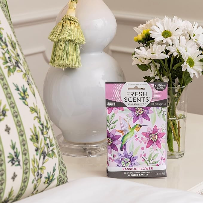 Fresh Scents Scented Sachets | Passion Flower | Tropical Floral Home Fragrance | Long Lasting (Up to 6 Months) | Air Freshener for Closets, Drawers, & Cars | 6 Pack