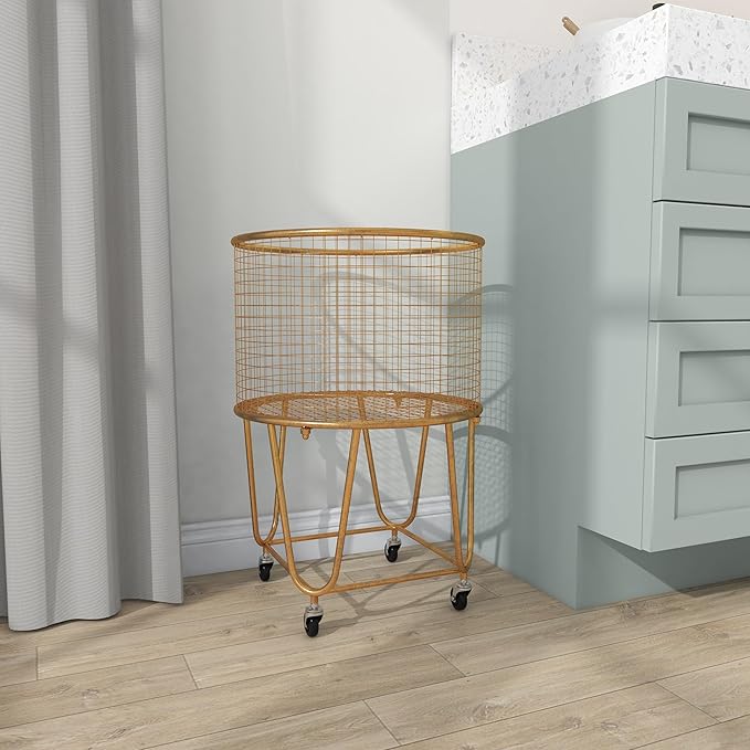 Deco 79 Metal Storage Cart Deep Set Metal Mesh Laundry Basket with Wheels, 16L x 16W x 24.95H, Gold