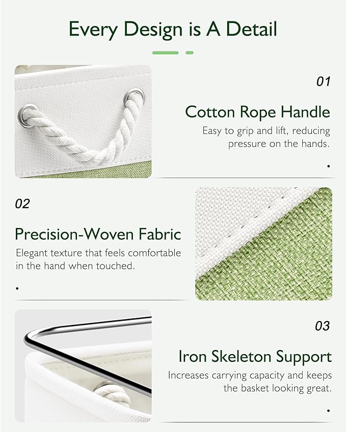 11 Inch Cube Storage Bins, 6 Pack Fabric Storage Cubes with Rope Handles, Organizer Baskets for Closet Shelves, Clothes and Home Organization(White/Green)