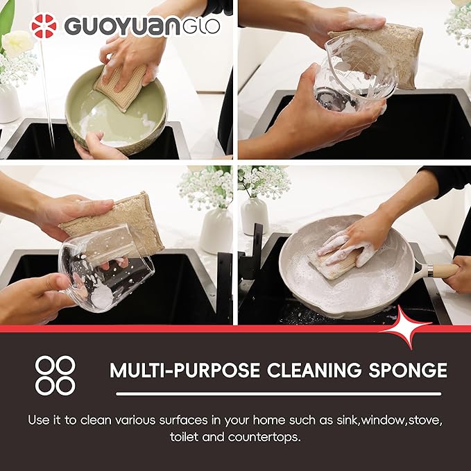 Bamboo Kitchen Sponges Heavy Duty Natural Cleaning Sponges Non-Scratch Dish Sponge for Dishes, Pots and Pans-Beige,6 Pack