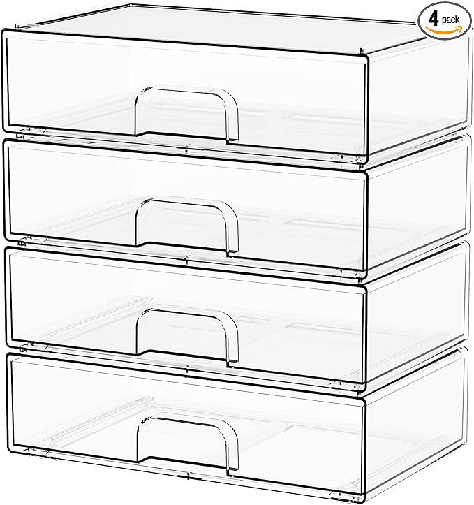 Yieach 12.1''W Clear Stackable Storage Drawers,4Pcs Acrylic Drawer Organizer for Hair Accessories,Makeup Organizers,Plastic Office Supply Organizer for Pen,Pencil,Medicine,Accessory,Craft Organization
