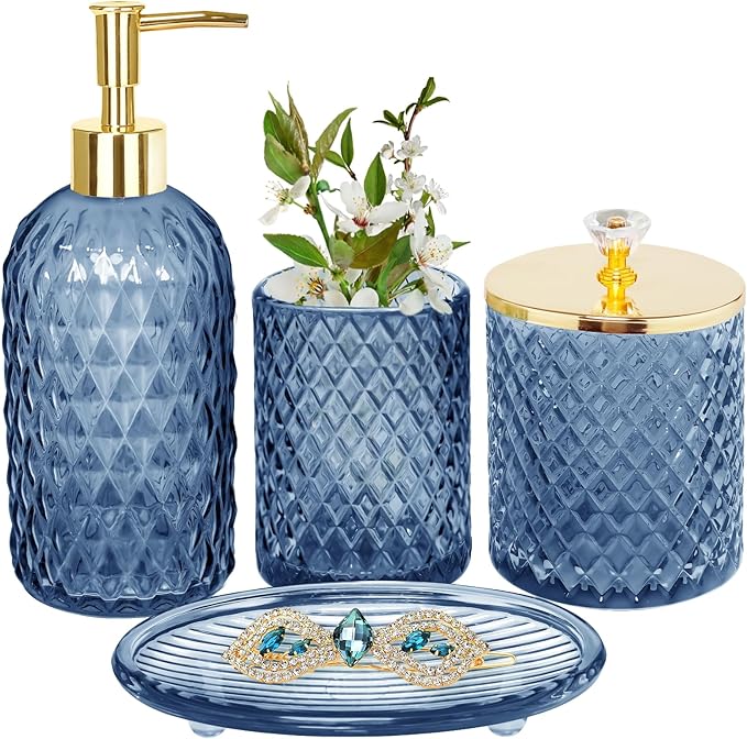 Blue Bathroom Accessories Set, 4Pcs Glass Bathroom Accessory Set Complete w/Lotion Soap Dispenser, Toothbrush Holder, Qtip Holder, Soap Dish, Gold Bathroom Decor Sets, Gift for Home Apartment
