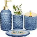 Blue Bathroom Accessories Set, 4Pcs Glass Bathroom Accessory Set Complete w/Lotion Soap Dispenser, Toothbrush Holder, Qtip Holder, Soap Dish, Gold Bathroom Decor Sets, Gift for Home Apartment