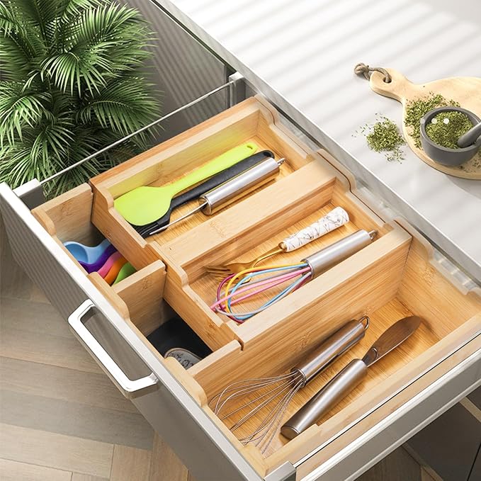Okllen Bamboo Kitchen Drawer Organizer, Stackable 2-Tier Utensil Drawer Organizer Tray, Silverware Organizer Flatware Storage for Kitchen Cabinet, Pantry, Drawer, 5 Divided Compartments