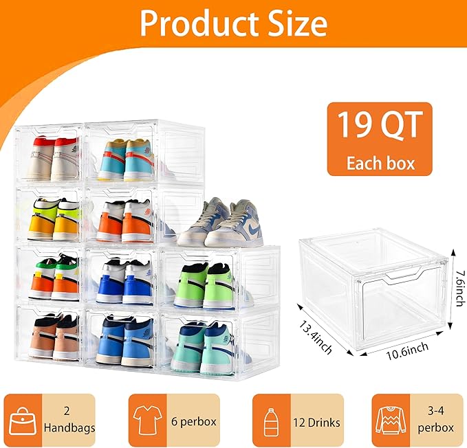 Storage Bins with Lids 10 Pack Clear Stackable Plastic Closet Organizers Containers w/Magnetic Door Box for Wardrobe Bedroom Office Dorm