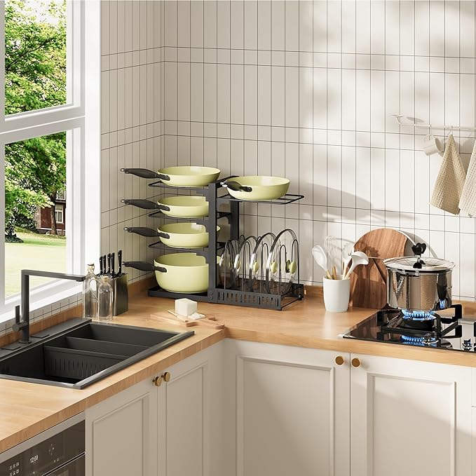 pots and Pans Organizer Under Cabinet, Pot and Pan Organizer Rack, Two-Sided Cookware Holder with Lid Storage, Adjustable Pan Organizer, Pot Holders, for Kitchen, Black TPR40BB