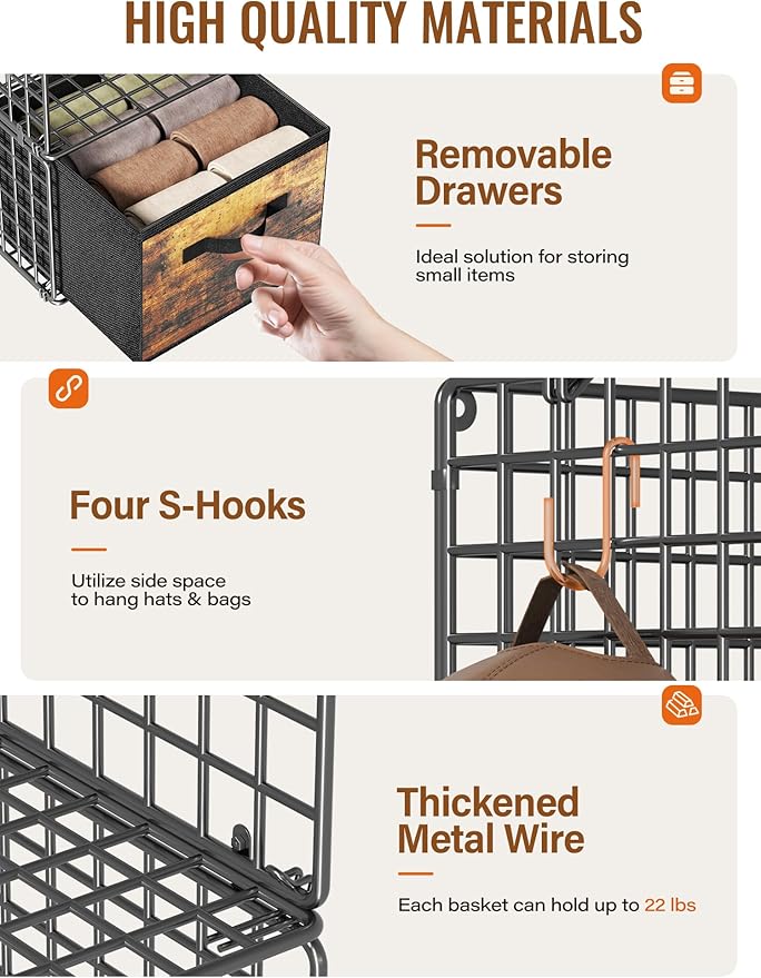 Closet Hanging Organizer with Drawers, 6 Tier Metal Closet Organizers and Storage with 4 Hanging Hooks 4 S-Hooks for Wardrobe Laundry Room, Wire Storage Shelf for Clothes Sweaters Pants (Black)
