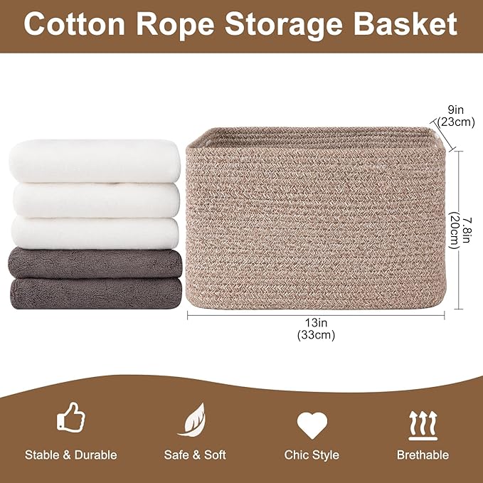 Storage Baskets for Organizing, Woven Decorative Baskets for Shelves - Books, Towels, and Clothes, Cotton Rope Toy Storage Bins, 12.7''Lx9''Wx7.8''H, Pack of 4, Linen Brown
