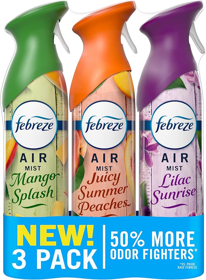 Febreze Air Mist, Air Freshener, Odor Fighting Room Spray, Deodorizer for Home Bathroom Kitchen Office Apartment Classroom, Lilac Sunrise, Summer Peaches, Mango Splash Variety Pack, 8.1oz (Pack of 3)