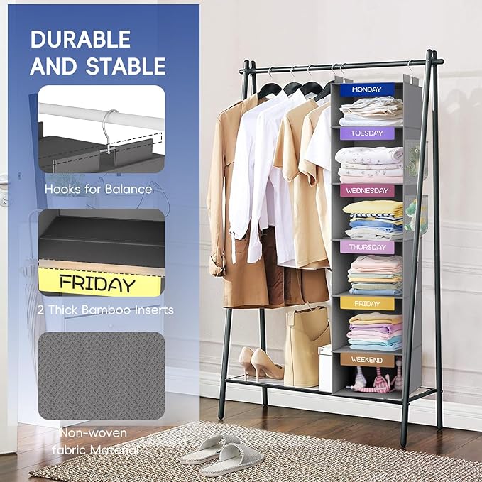 VERONLY Weekly Hanging Closet Organizer for Kids, 6-Shelf Clothes Storage with Labeled Days of The Week Monday Through Friday, Weekday and Weekend, Days of The Week Clothes Organizer