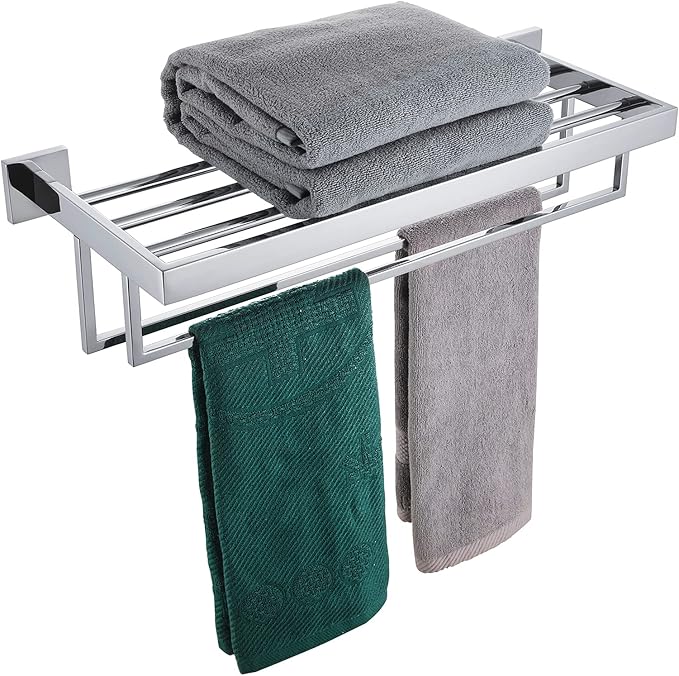KOKOSIRI 24'' Bathroom Towel Shelf Chrome Towel Rack with Two Bath Towel Bars SUS304 Stainless Steel Wall Mounted, Polished Finish, B6003CH