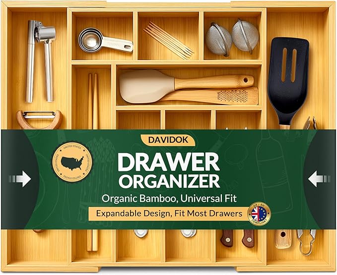 DAVIDOK Expandable Bamboo Drawer Organizer for Kitchen - 8 to 10 Slots Large Silverware Organizer for Utensils, Cutlery, Flatware & Kitchen Gadgets | Multiple Use, Non-Slip Feet Included
