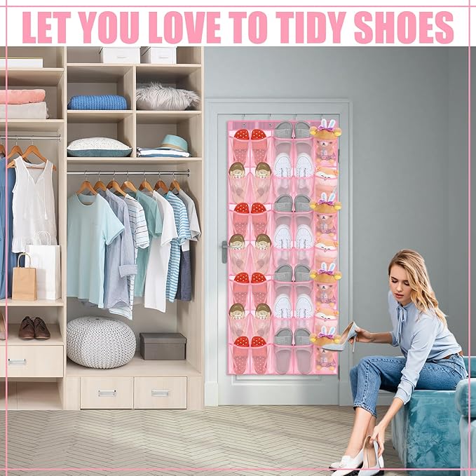 Windyun 2 Pcs 70 Large over The Door Shoe Organizer Hanging Shoe Rack for Closet Holder Pink Mesh Pockets Back to School Behind Door Hanger Storage Nonslip for Home Room School Dorm, Each 35 Pockets