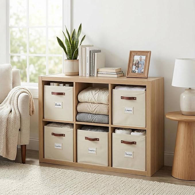 DECOMOMO Storage Bins, Cube Storage Bin with Labels, Fabric Storage Cubes for Shelves (10.5" x 11" / 2pcs, Beige)