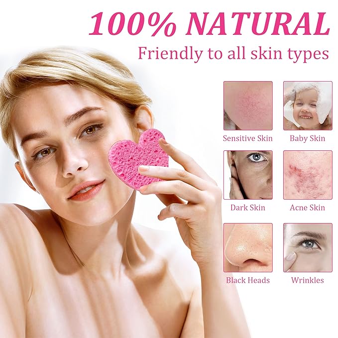 120-Count Kickleen Compressed Cellulose Heart Shape Facial Sponges | Natural Cosmetic Spa Sponges for Facial Cleansing | Exfoliating | Makeup Mask Removal | Reusable | Skin Massage (120 Count (Pink))