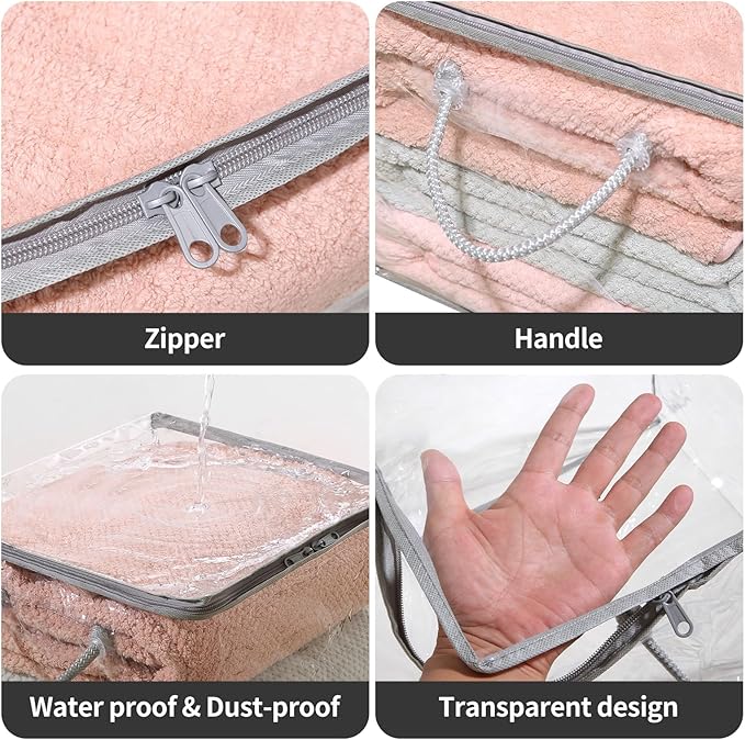10 PCS Clear Zippered Storage Bags with Handles,Sweater Storage with Two-way Zipper,Foldable Closet Organizer Bed Sheet Organizer,Cube Plastic Organizer,Bag,Bin,for Clothes,Towel-GY