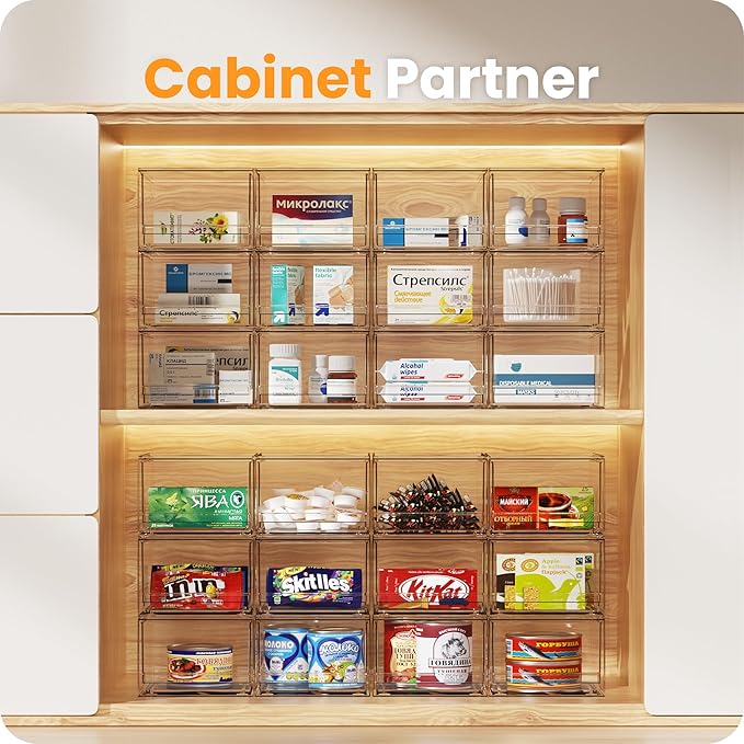 A-LuGei 【𝟰𝗣𝗖𝗦】 Acrylic Stackable Storage Drawers, 7.5" L Makeup Organizer, Bathroom Organizer and Storage, Plastic Storage Bins for Kitchen Cabinet Pantry Medicine Fridge