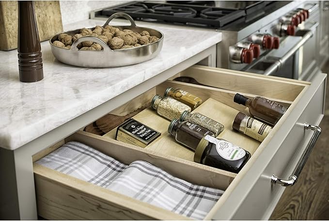 Rev-A-Shelf 3-Tier Wood Trim-to-Fit Spice Rack Drawer Insert, 16" x 19.75", Maple - Drop-In Seasoning Jars Storage Tray Organizer for Kitchen Cabinet and Pantry Organization, 4SDI-18