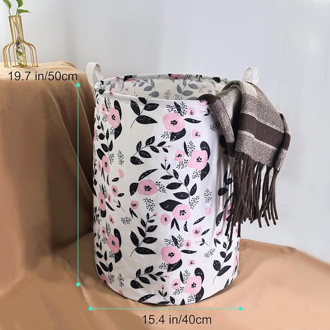 Mziart Cute Laundry Basket, Large Floral Laundry Hamper for Girls Kids Toys Collapsible Clothes Organizer Waterproof Foldable Baby Hamper for Nursery Dorm Fabric Storage Basket Bin with Handles (Pink)
