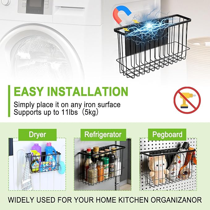 Funvalley Surperfect Magnetic Wire Mesh Storage Baskets, Black Steel Wall Mount Organizers, 2-Pack Large and Medium, Modern Industrial Style, 14 lbs Capacity