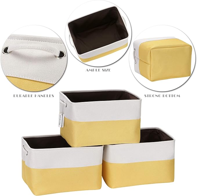 Sea Team 3-Pack Large Storage Basket Set, Trunk Organizer, Clothes Toys Bin, 15 x 10 x 10 Inches, Big Rectangular Canvas Fabric Collapsible Shelf Box with Handles for Kids Room (Yellow/White)