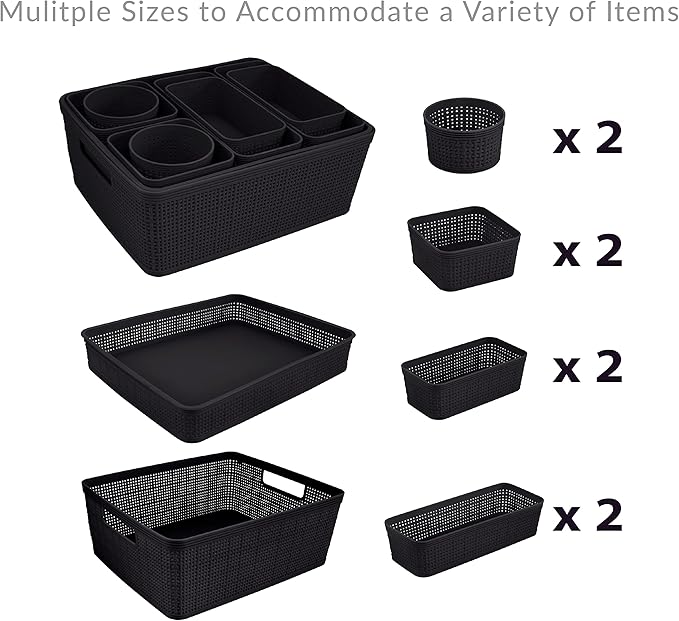 Simplify 10 Piece Organizing Set | Multiple Size Bins | Multipurpose | Office | Desk | Dorm | Bathroom | Storage Basket | Small Items | Accessories | Black