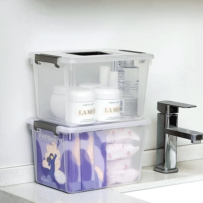 Citylife 4 Packs Plastic Storage Bins with Latching Lids Clear Storage Box with handle Stackable Storage Containers for Organizing Toys, Crafts, Tools
