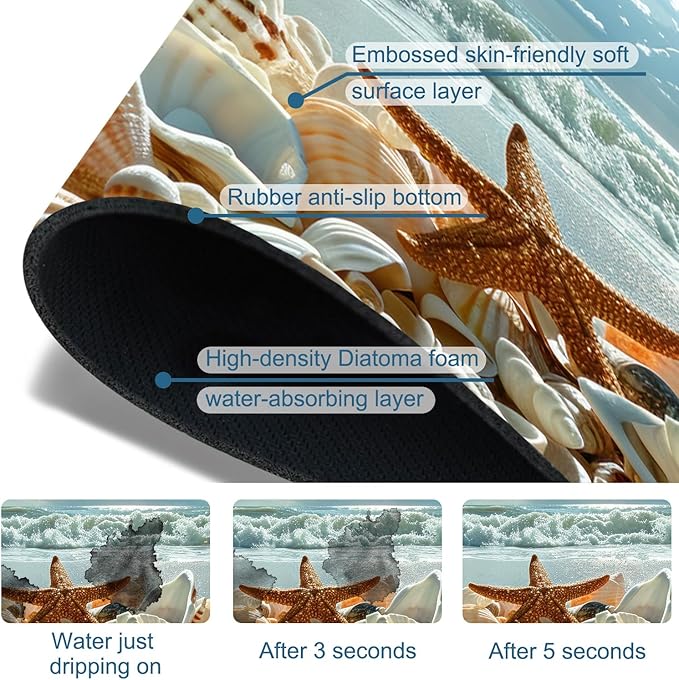 Beach Kitchen Sink Splash Guard Faucet Mat Shells Starfish Waves Super Absorbent Fast Drying Mat Sink Splash Guard Behind Faucet for Kitchen Bathroom, 15.5"x5.5"