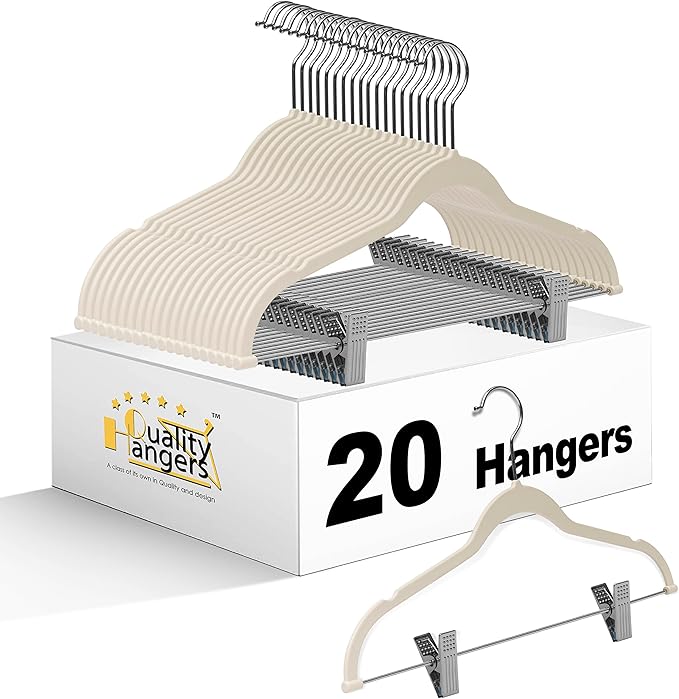 Quality Plastic 20-Pack Non Velvet Non-Flocked Thin Compact Coat Hangers with Metal Clips for Skirts Pants Blouses 360° Swivel Hook (Ivory, 20)
