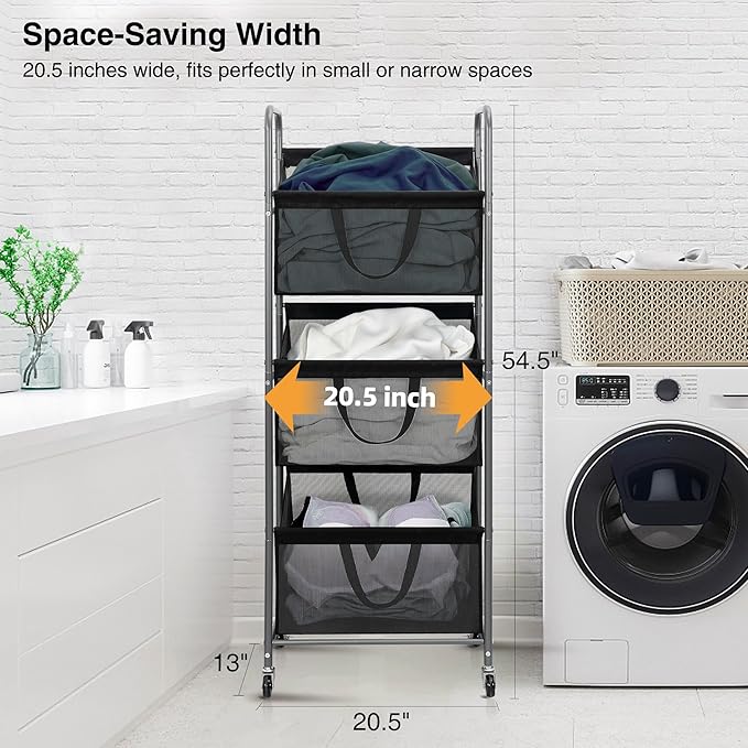 STO STO 3-Tier Vertical Rolling Laundry Hamper with Removable Bags, 120L Stackable Laundry Sorter Basket, Clothes Hamper with Wheels for Small Spaces, Closet, Bedroom, Bathroom, Laundry Room, Black