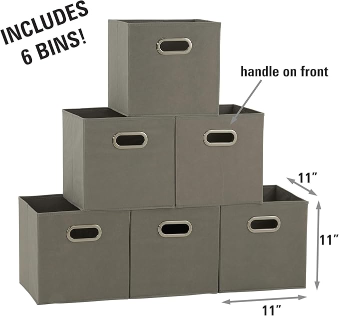 Household Essentials Fabric Storage Bins 6 Piece Set, Strong Poly-Woven Fabric, Sturdy Chipboard Sides, Grommet Front Handle, Stackable and Foldable, Classic Design, Dove Gray