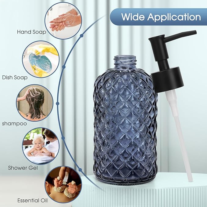 2 Pack Gem Glass Soap Dispenser with Black Plastic Pump, 13oz Liquid Hand Soap Dispenser, Rustproof Pump for Kitchen & Bathroom, Great for Lotions, Essential Oil, Liquid Soaps-Grayish Blue