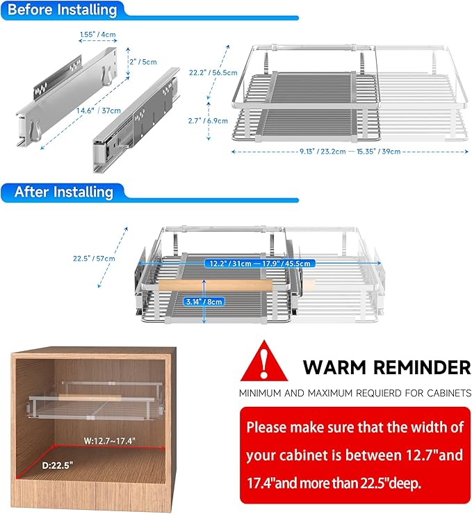 2Pack Pull Out Cabinet Organizer, 12.2~17.9"W x 22.5"D Expandable Pull Out Shelves for Kitchen Cabinets, Heavy Duty Metal Slide Out Pantry Shelves Sliding Shelf for Home Kitchen,Under Sink,Wardrobe