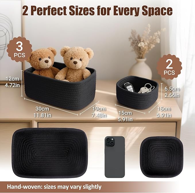 5-Pack Small Woven Rope Storage Baskets – 2 Sizes Organizer Bins for Closet, Shelf, Bookshelf, Nursery, Changing Table, Fabric Cube Boxes, Rectangular Shallow Bins for Bathroom, Toy & Home