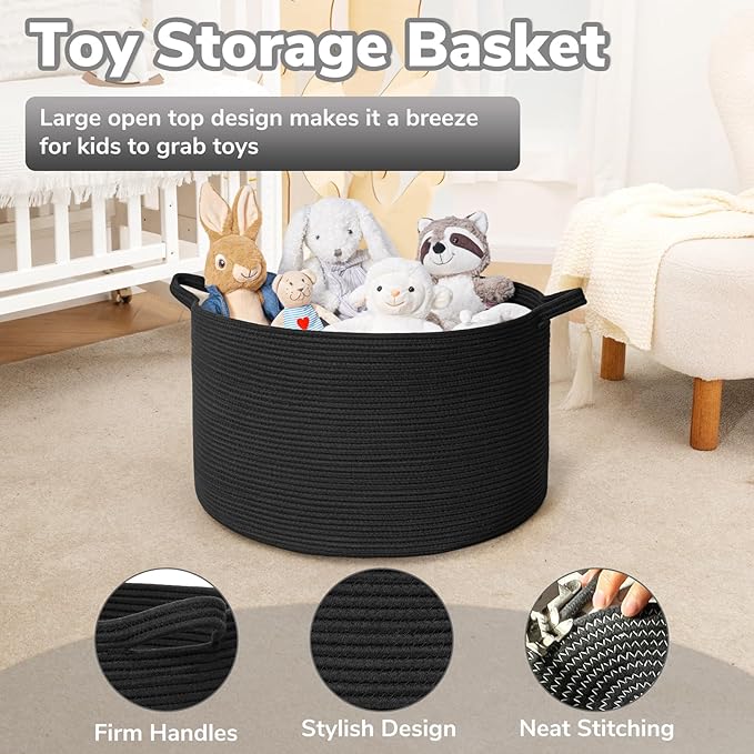 Goodpick Large Blanket Basket, 22"X 14" Woven Rope Baby Basket, Black Blanket Storage for Dirty Clothes, Kids Toy Storage Organizer Bins for Living Room