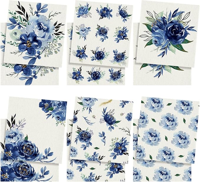 Sunnyray 12 Pcs Swedish Kitchen Dish Towels Dishcloth Reusable Sponge Cleaning Cloth Kitchen Towels Absorbent Washable Dish Cloth Drying Hand Towel(Blue, Watercolor Flower)
