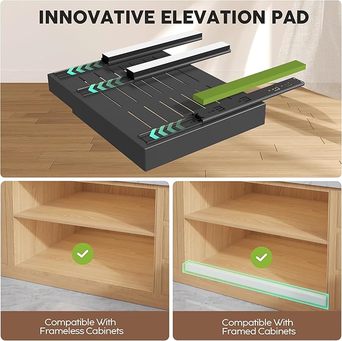2 Pack Pull Out Cabinet Organizers 16.5" Deep With Raising Pad for Framed Cabinets,Expandable Slide Out Drawers Upgrade 3 Slide Rails,Roll Out Shelves,Adjustable Width 12.1"-20.45" Black