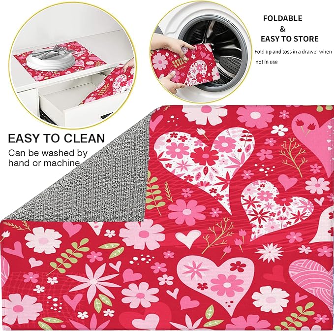 Set of 3 Floral Heart Dish Drying Mat & Kitchen Sink Splash Guard Faucet Mat For Kitchen Counter Absorbent Microfiber Dishes Pad Dish Drainer Rack Mats Fast Dry Kitchen Accessories