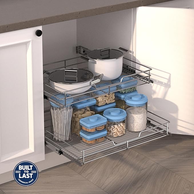 JOWBOOW (26" W x 22" D 2-Tier Cabinet Roll Out Shelves | Extra Wide Slide Out Drawers for Kitchen Cabinets, Heavy Duty Pull Out Cabinet Organizer 22 Inch Deep