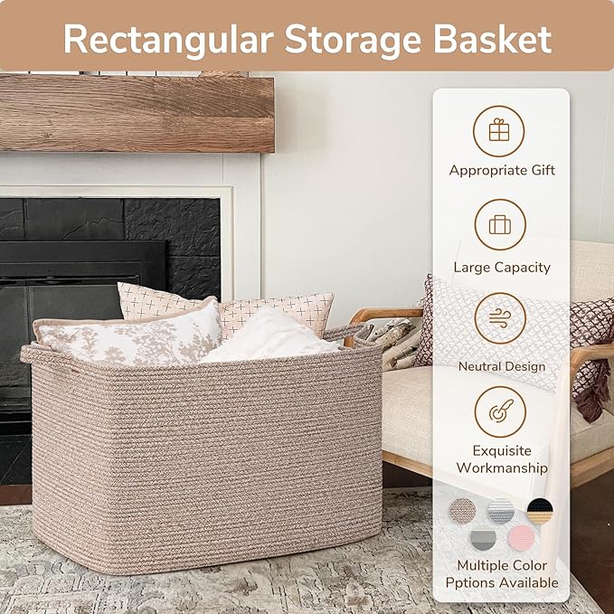 Goodpick 105L Large Woven Storage Basket, Rectangle Cotton Rope Basket for Blankets, Clothes, Oversized Toy Storage Organizer for Living Room, Nursery, 25"x16"x16", Brown