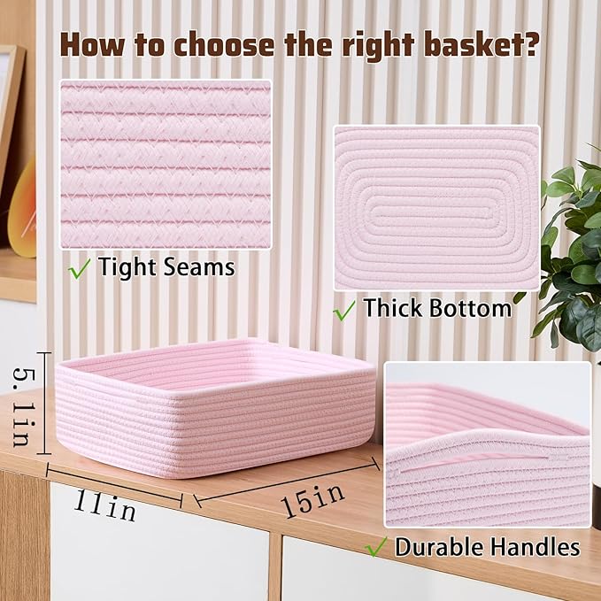 Large Shallow Organizing Baskets 15x11x5.1 Inches - Rope Woven Storage Bins for Bathroom, Shelves, Cube Closet, Light Pink 4 Packs
