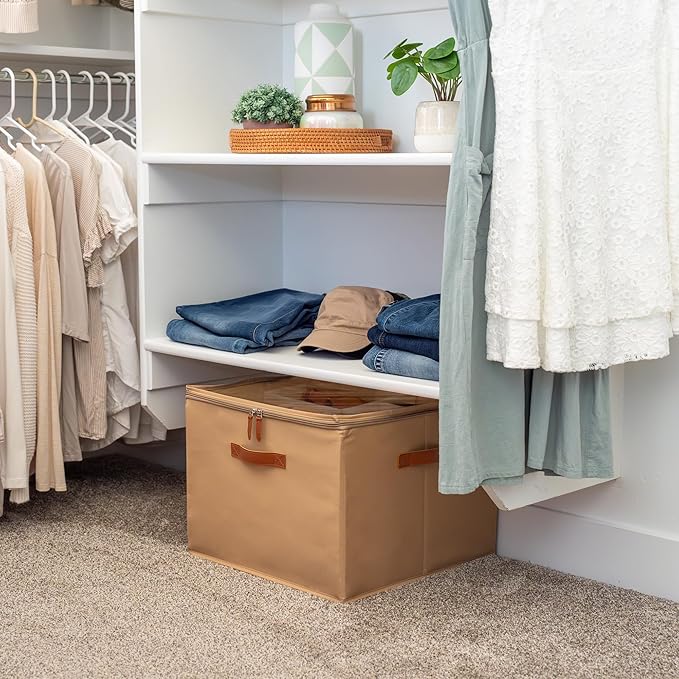 OrganiHaus Shoe Organizer for Closet and Entryway, Fits up to 16 Pairs, Large Shoe Storage Box, Collapsible Shoes Storage Bin, Shoes Container w/Reinforced Handles and Clear Cover - Brown
