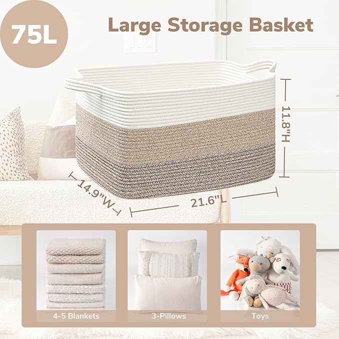 Goodpick Large Woven Storage Basket, 21.6" x 14.9" x 11.8" Rectangle Rope Baskets for Toy Storage, Blanket Basket for Living Room, Bedroom, Light Brown