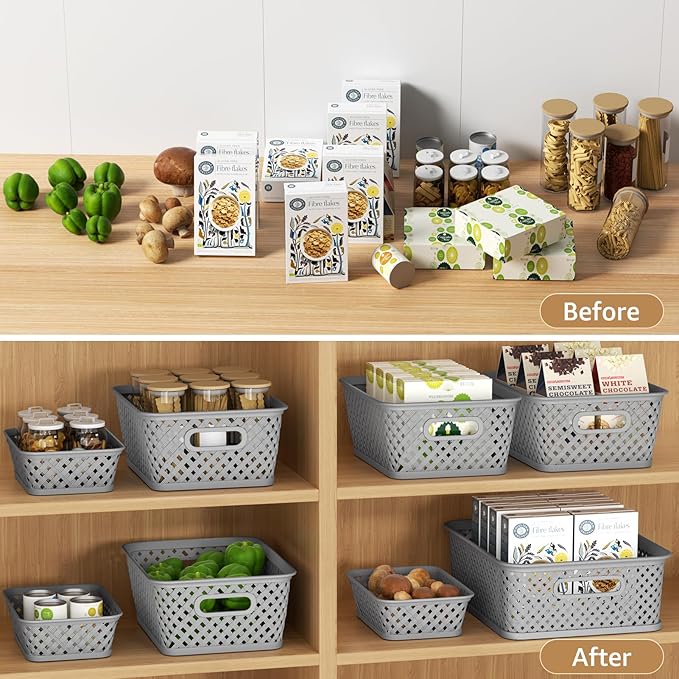 MaxGear Organization and Storage 3 Packs, Plastic Bins Organizer Bins, Woven Baskets for Storage, Plastic Baskets with Handles, Grey Basket for Organizing, Basket Organizer for Home and Office, Small