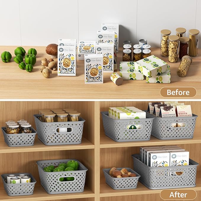 MaxGear Organization and Storage 3 Packs, Plastic Bins Organizer Bins, Woven Baskets for Storage, Plastic Baskets with Handles, Grey Basket for Organizing, Basket Organizer for Home and Office, Large