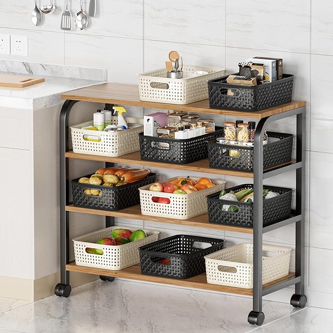 White Plastic Basket, 8 Pack Home Organization and Storage Baskets with Handles, Space Saving Woven Organizer Bins Plastic Storage Basket for Organizing Cabinets,Closets, Shelves, Countertops