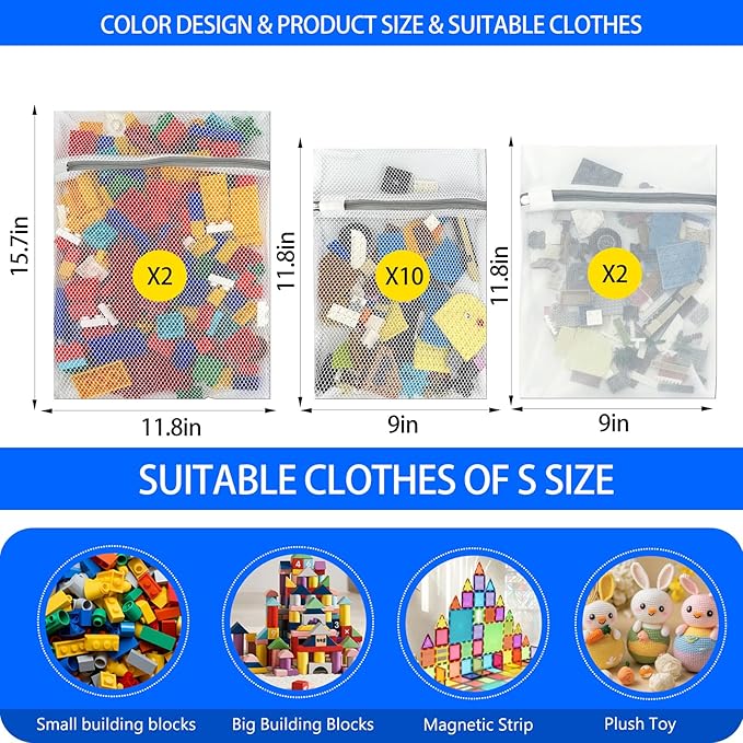 14 Pack Mesh Laundry Bags for building blocks, 2Pcs L(11.8 * 15.7in) Delicate Wash Bags for Large Building Blocks Small Plush Toys,12 Pcs M(9 * 11.8in) Laundry Bags for Micro Particle Building Blocks
