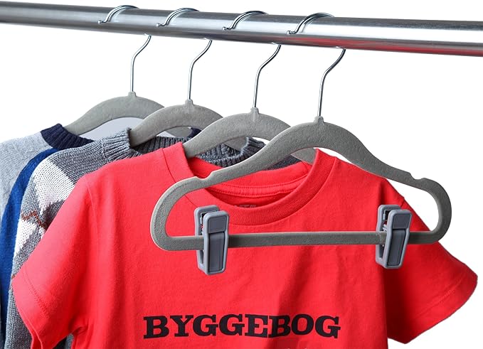 Finnhomy Non-Slip Clothes Hangers for Baby and Kids 30-Pack Velvet Hangers with 10 Finger Clips, Gray