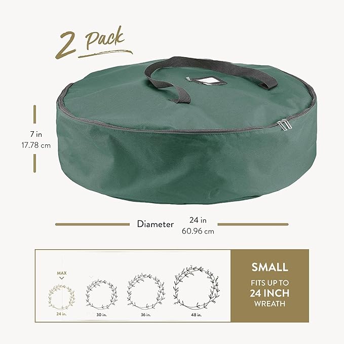 ZOBER 2 Pack Oxford Christmas Wreath Storage Container 24 Inch - Wreath Bag for Artificial Wreaths Box - Waterproof Fabric, Dual Zippered Wreaths Storage Bag With Strong Durable Handles - Green